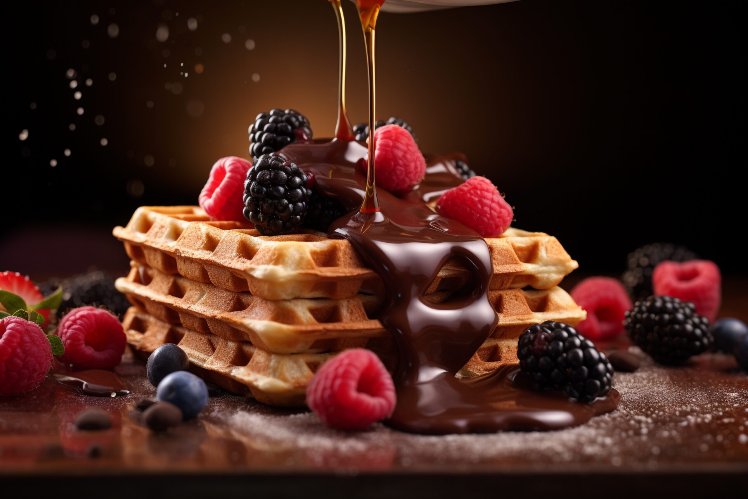 Waffles with chocolate and raspberry on tops